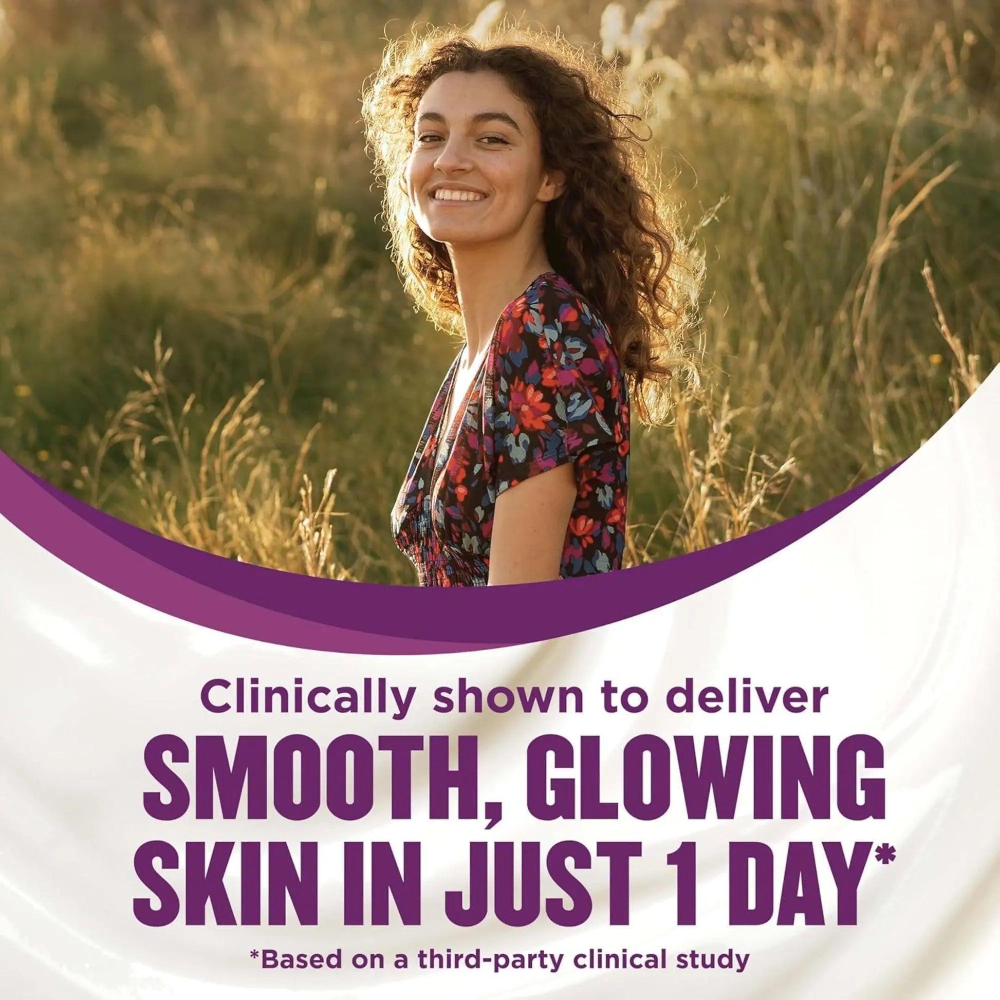 Woman in a field with promotional text about smooth, glowing skin