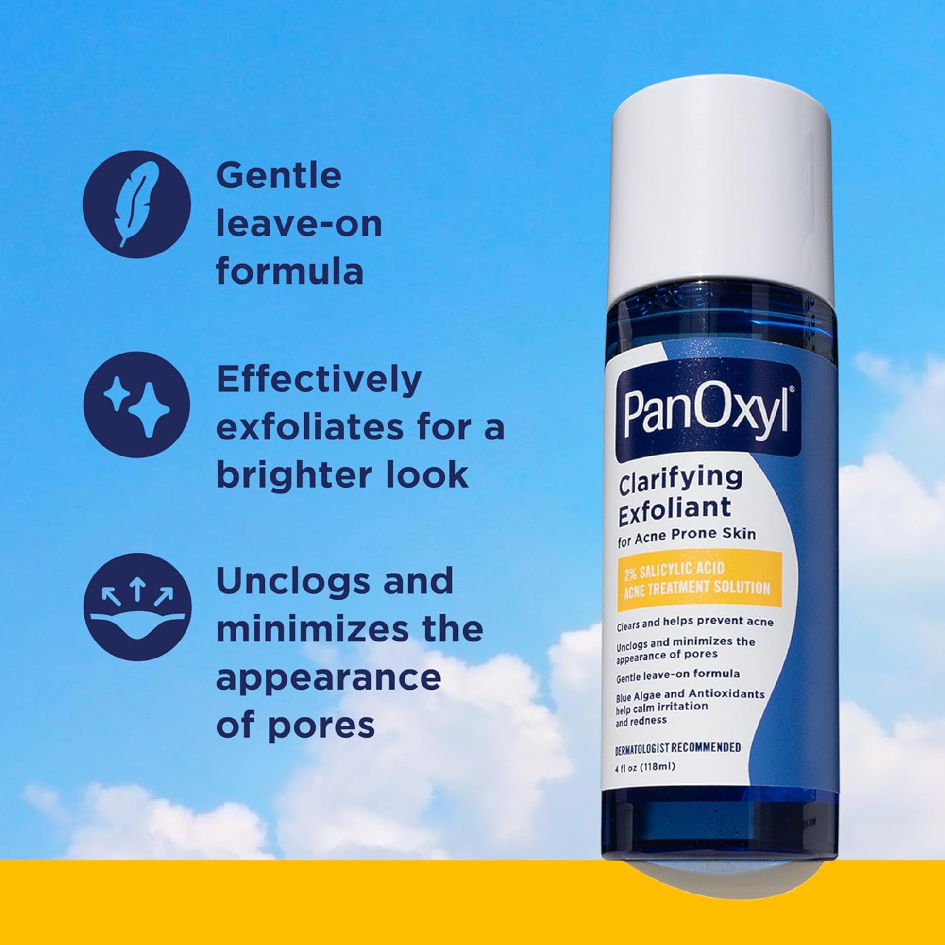 PanOxyl clarifying exfoliant bottle with blue sky and clouds in the background