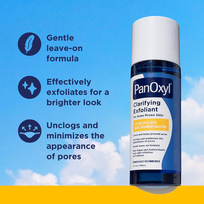 PanOxyl clarifying exfoliant bottle with blue sky and clouds in the background