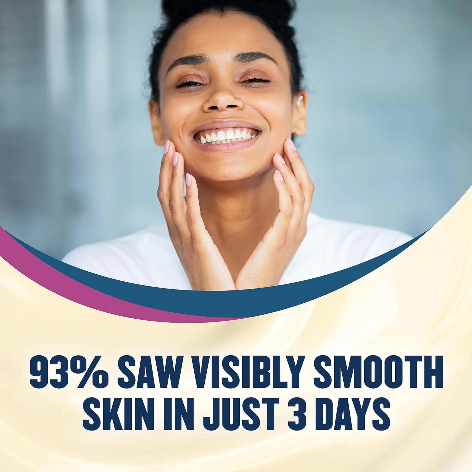 Woman with smooth skin holding her face, with text about visible smooth skin improvement in 3 days.