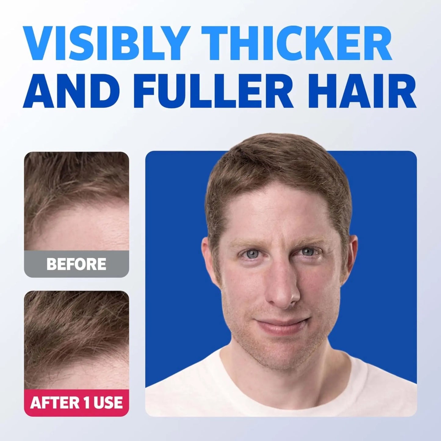 Before and after comparison of hair thickness with text 'Visibly Thicker and Fuller Hair' on a blue background.
