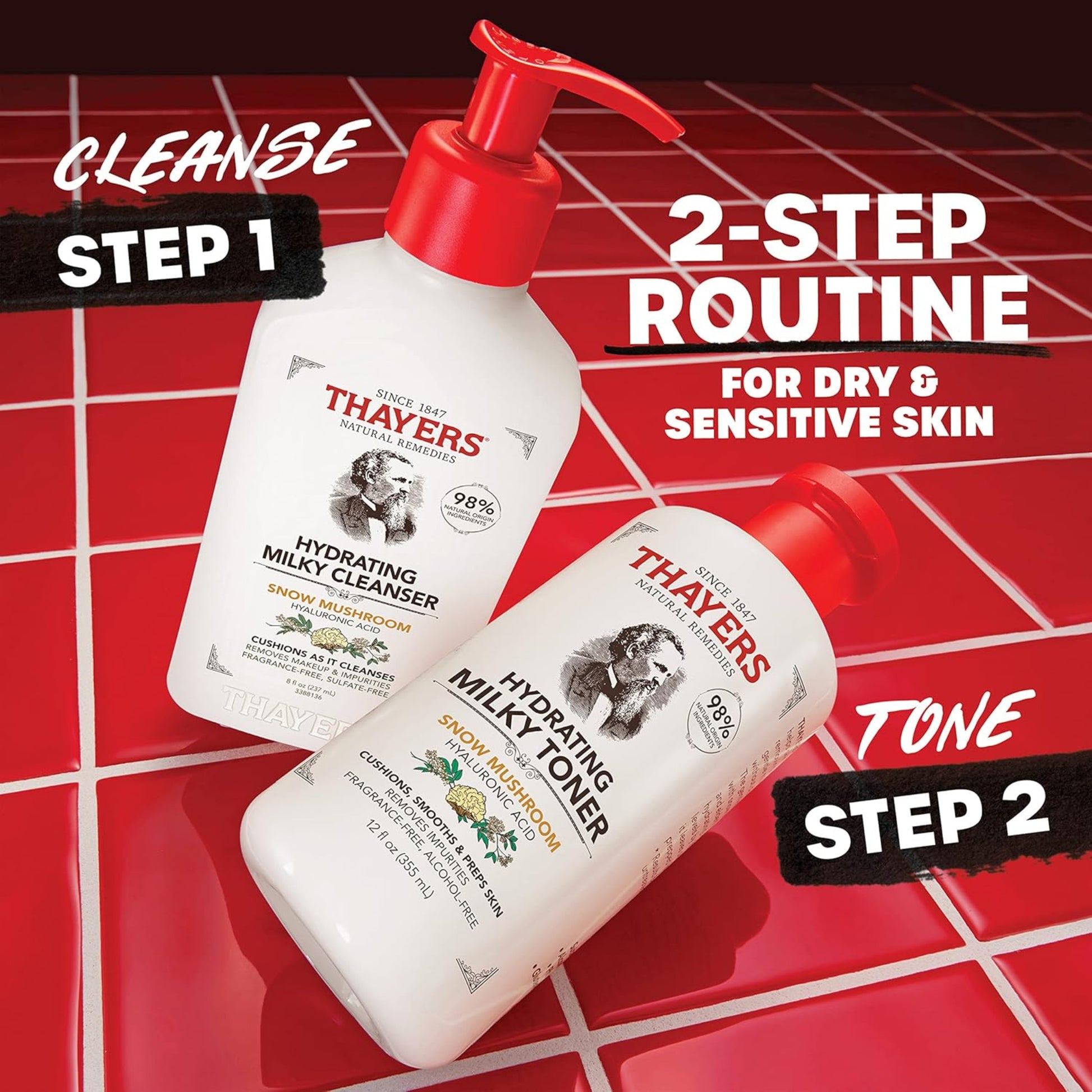 Two bottles of Thayers Hydrating Milky Cleanser and Toner on a red grid background with text indicating a 2-step routine for dry and sensitive skin.
