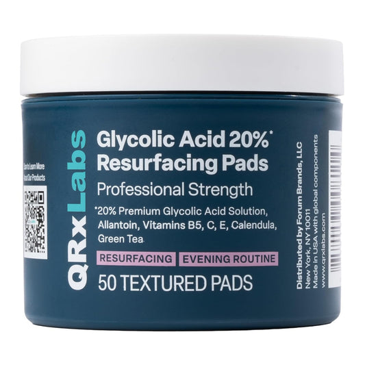 Jar of Glycolic Acid 20% Resurfacing Pads with QRX Labs branding on a white background