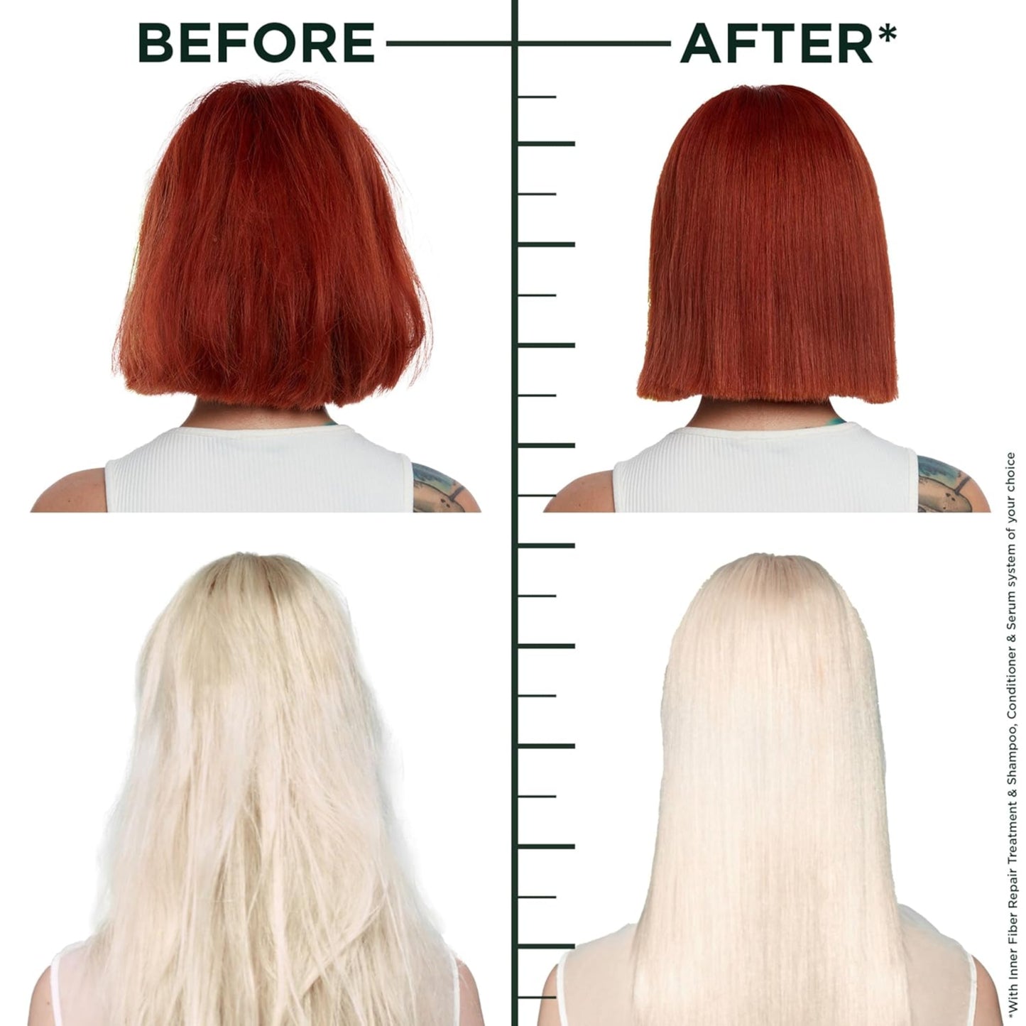 Before and after hair color comparison with a ruler for measurement.