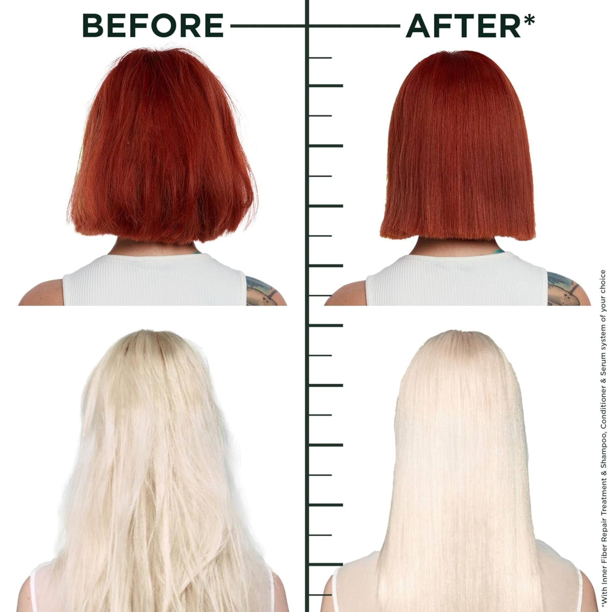 Before and after hair color comparison with a ruler for measurement.
