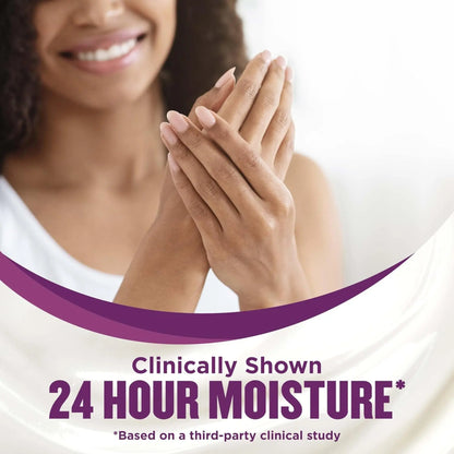 Woman with moisturized hands and text about 24-hour moisture
