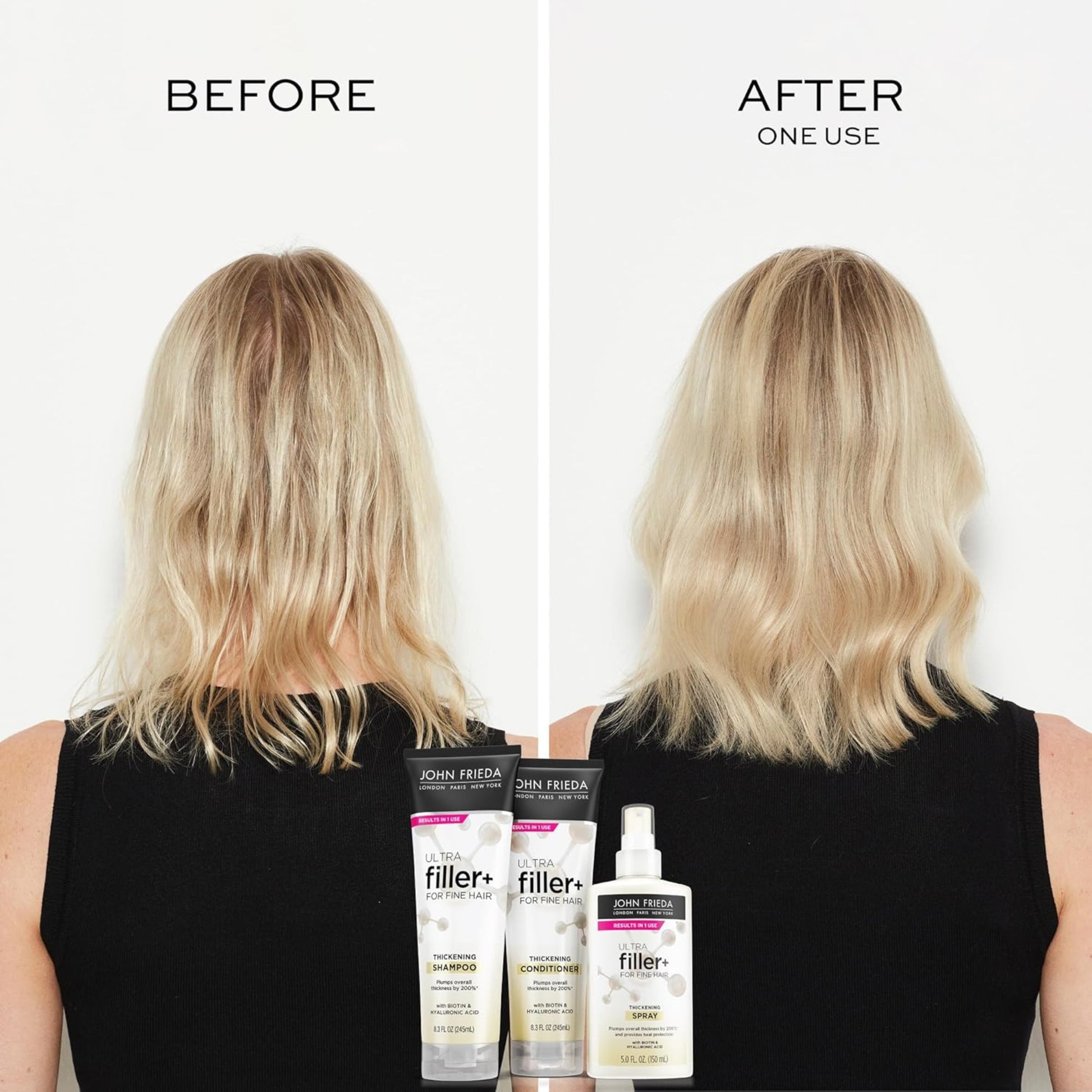 Before and after comparison of hair treatment with John Frieda products displayed.