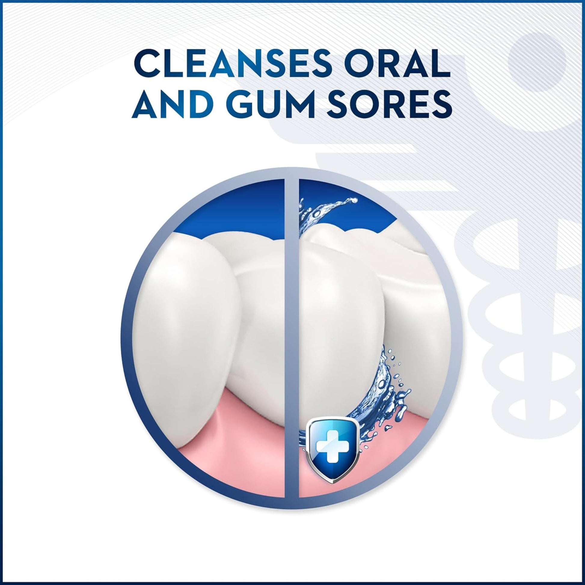 Product packaging with text 'Cleanses Oral and Gum Sores' and an illustration of a tooth and gum.