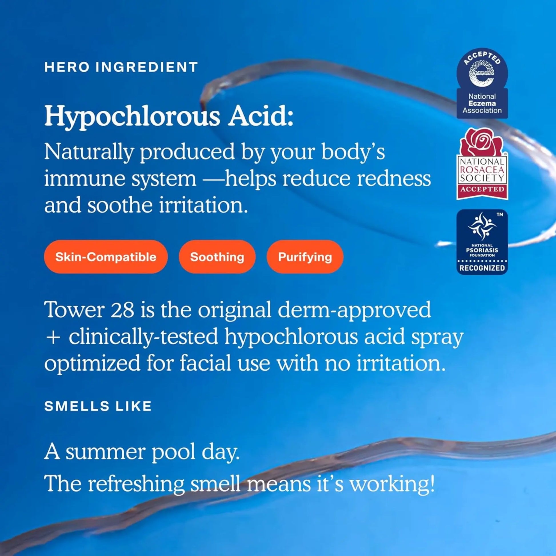 Advertisement for Tower 28 hypochlorous acid spray with product name, benefits, and certification logos on a blue background.