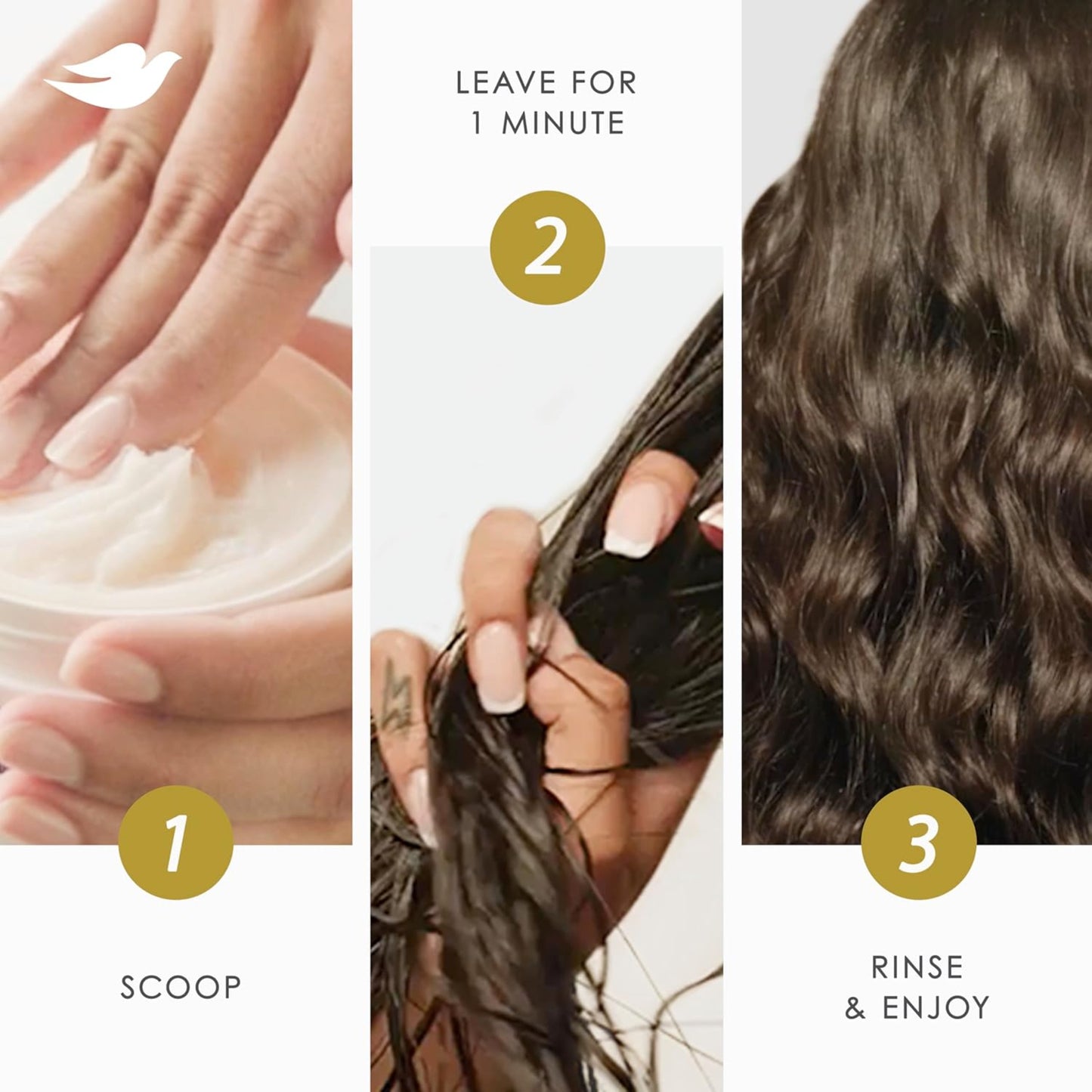 Step-by-step hair care process with close-up shots of hands and hair.