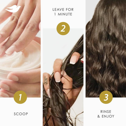 Step-by-step hair care process with close-up shots of hands and hair.