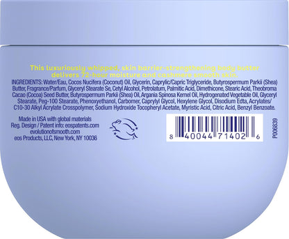 Back of a purple body butter container with text and ingredients list.
