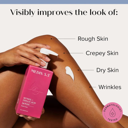 Person applying MEDIX 5.5 cream to their leg with text indicating skin improvement benefits.