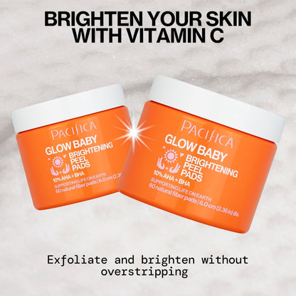 Two jars of Pacifica Glow Baby Brightening Peel Pads on a light background with text about vitamin C skincare.