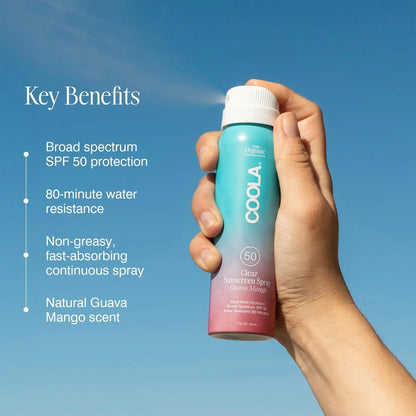 Hand holding a COOLA sunscreen spray with key benefits listed on a blue background