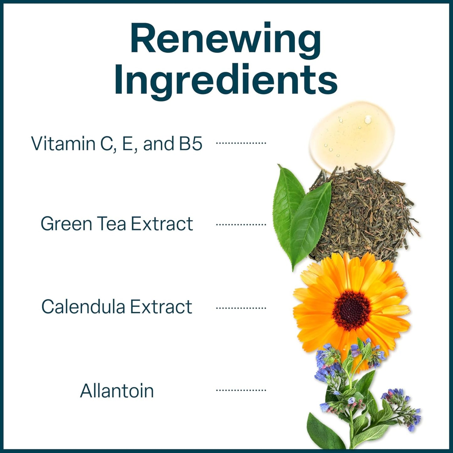 List of renewing ingredients with visual elements on a white background