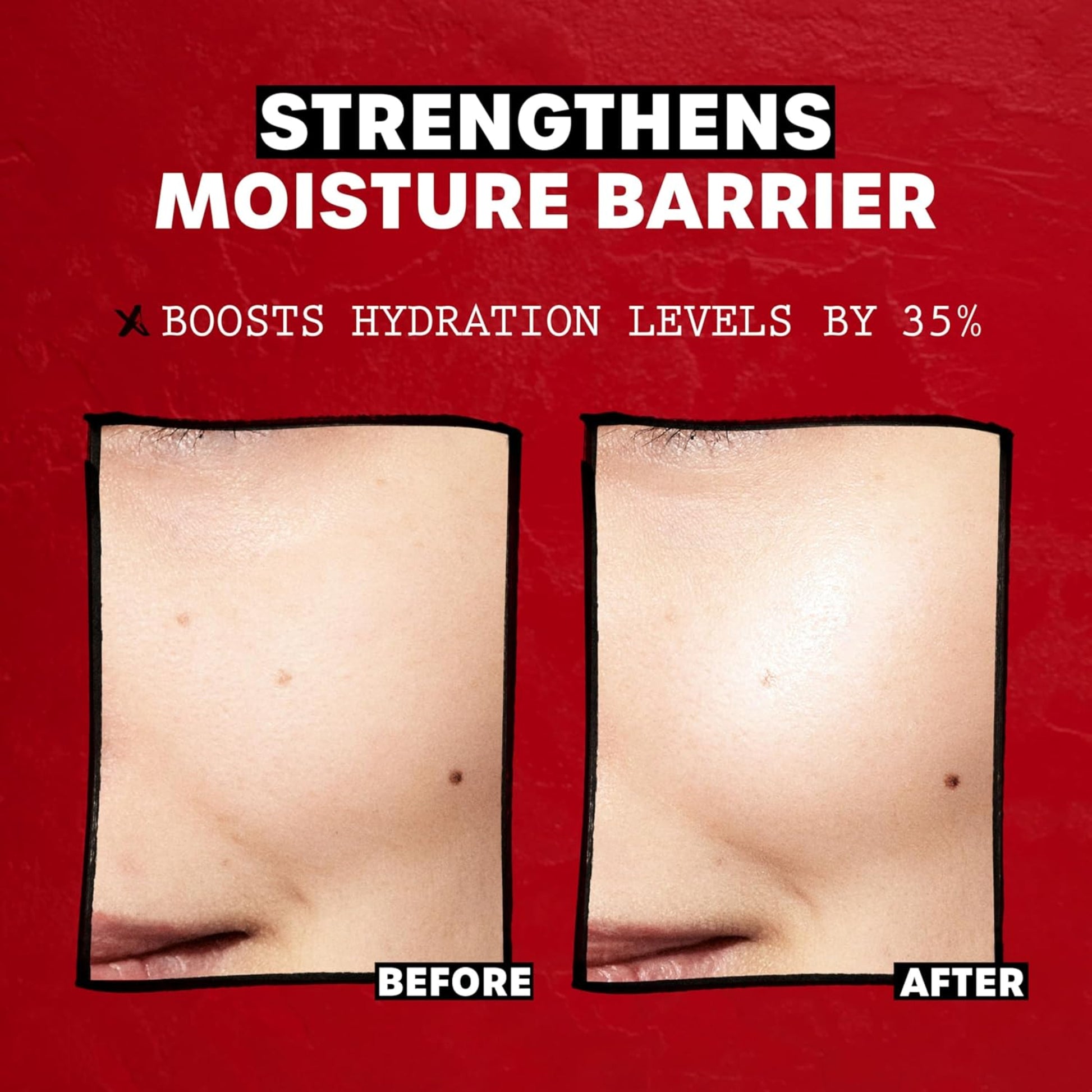 Before and after comparison of skin moisture barrier strength with text on a red background