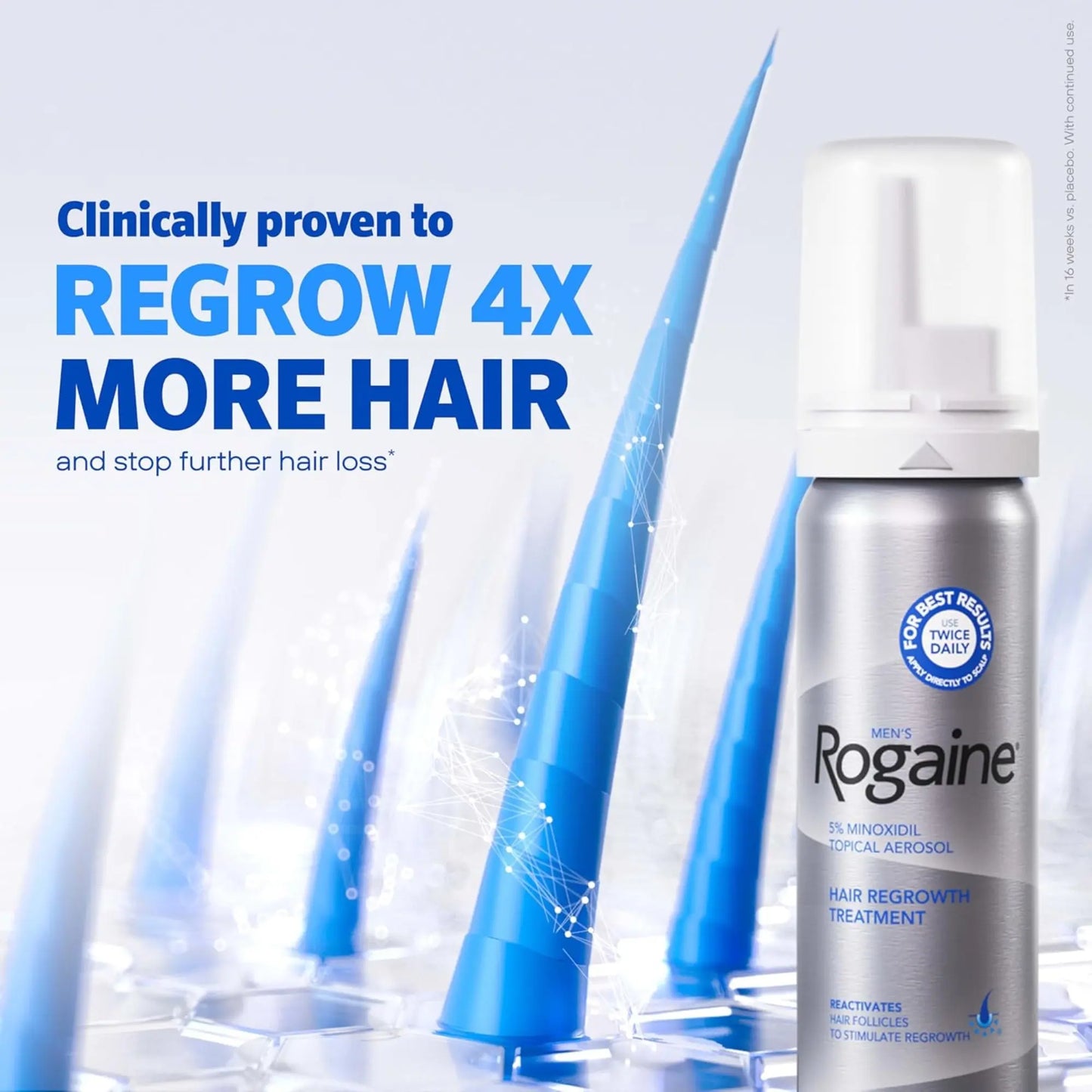 Rogaine hair regrowth treatment can with blue hair strands on a light gray background