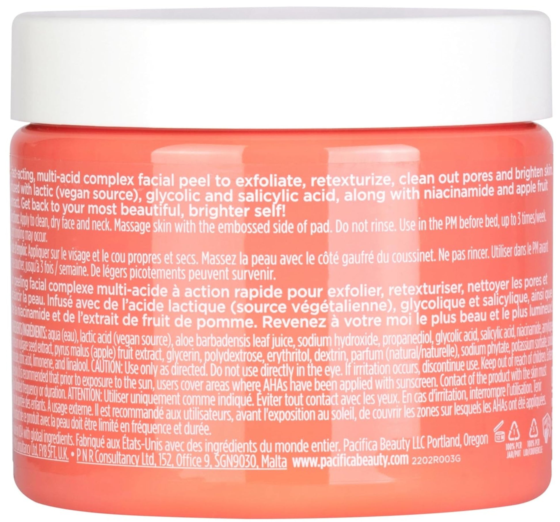 Back of a skincare product container with text and branding