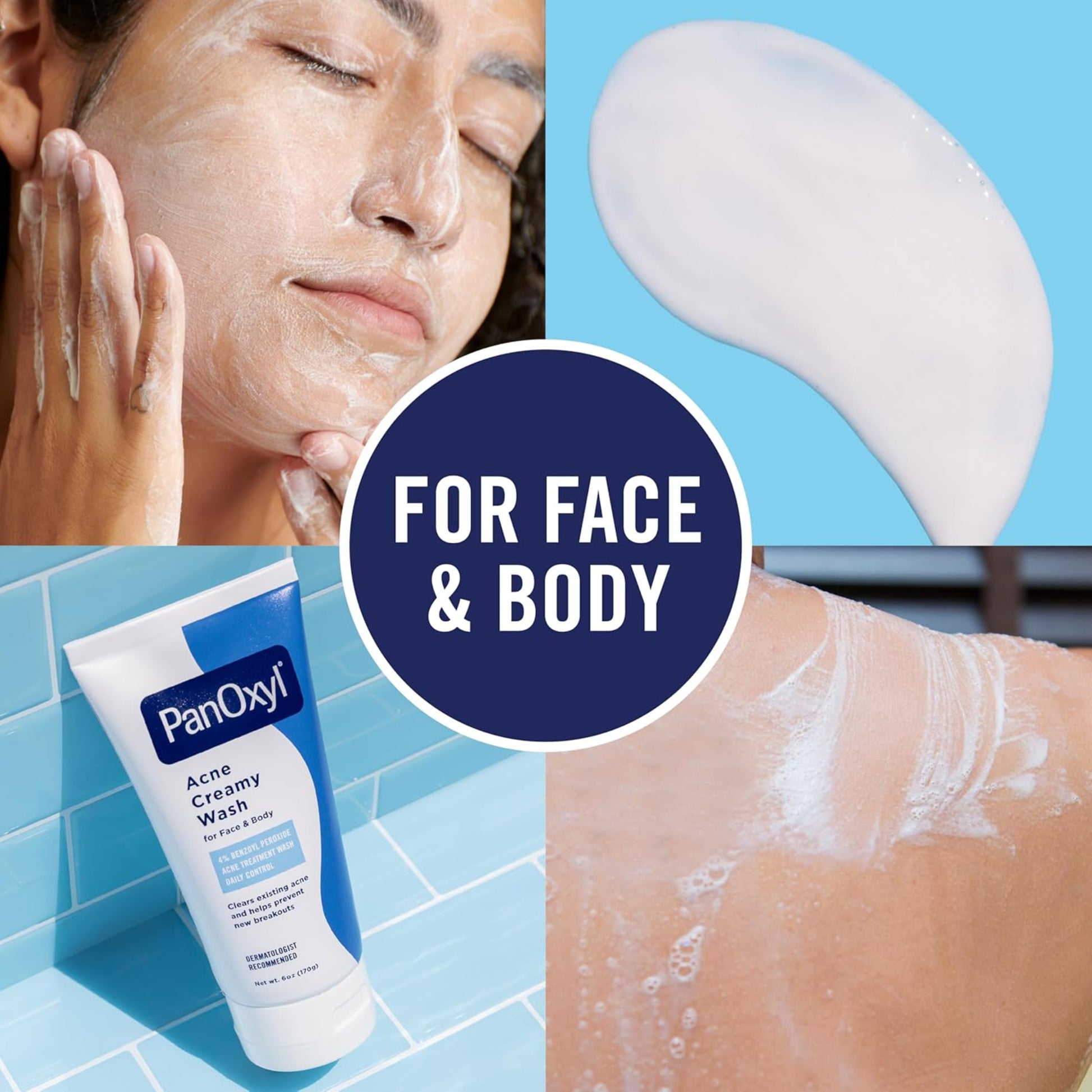 PanOxyl Acne Cream Wash with usage on face and body, on a blue tiled background.
