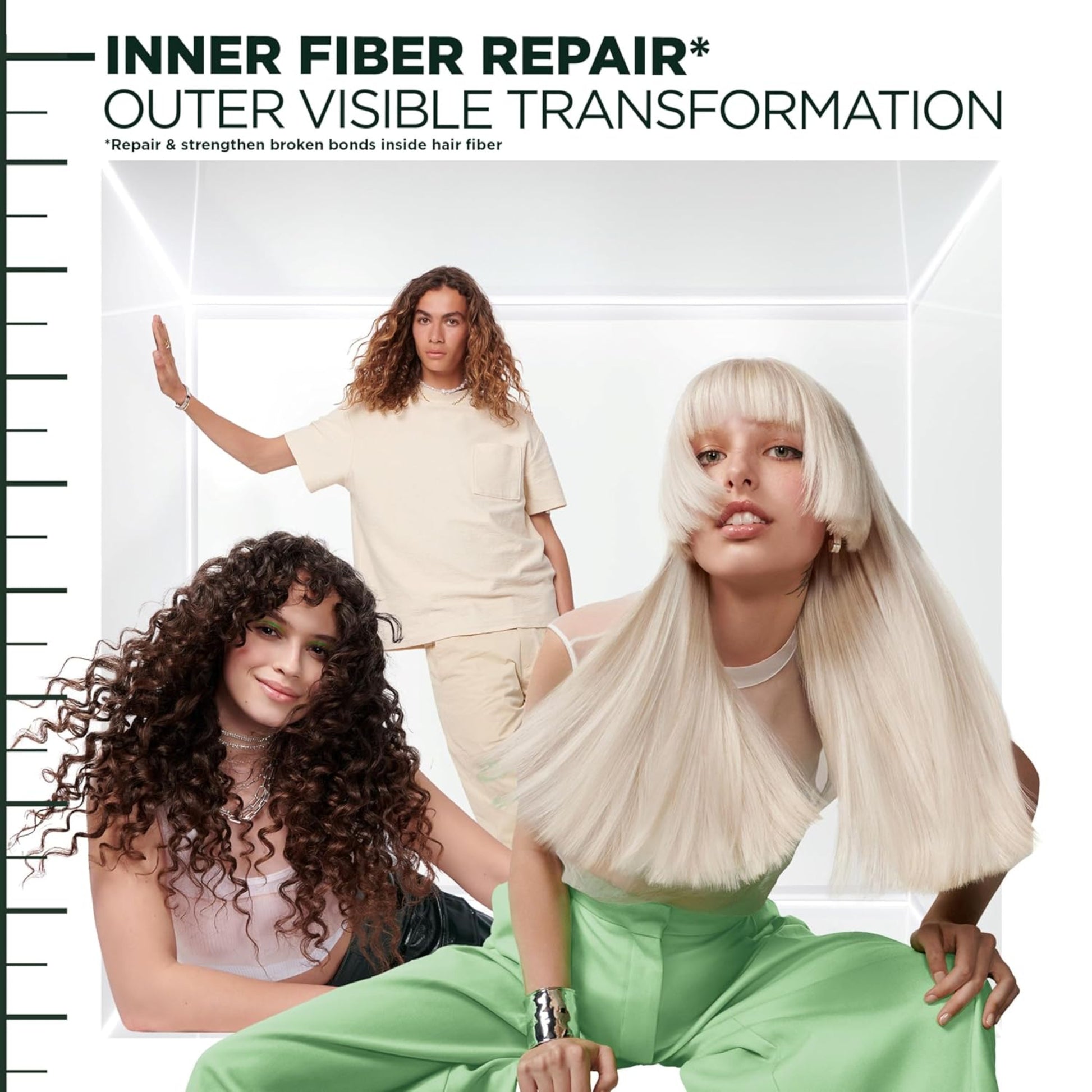 Three women with different hair types posing against a white background with text about hair repair.