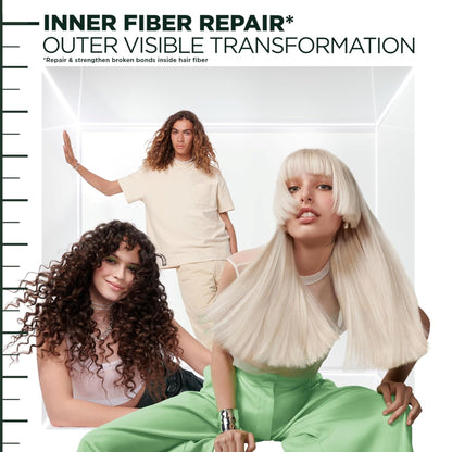 Three women with different hair types posing against a white background with text about hair repair.