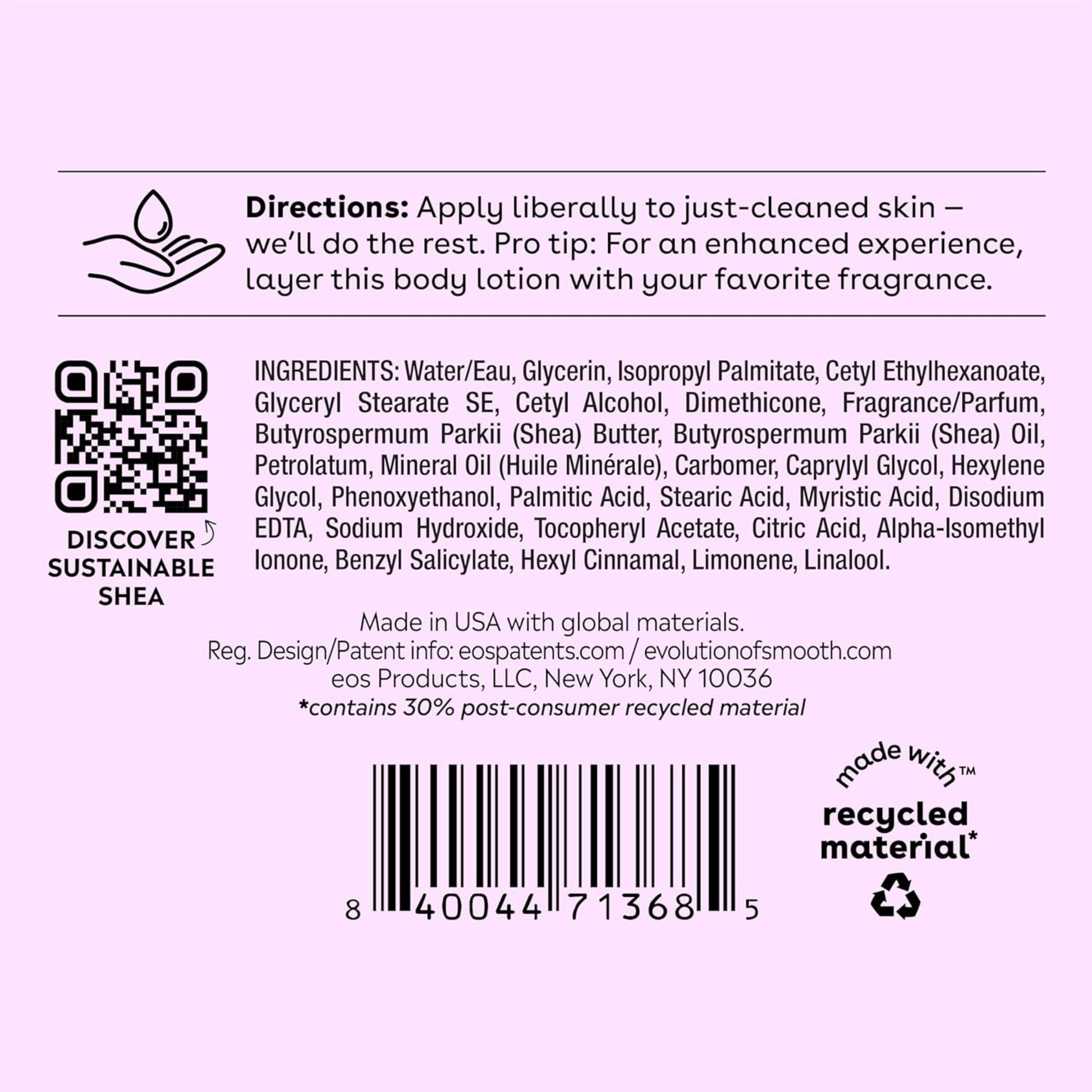 Back label of a skincare product with directions, ingredients, and sustainability information.