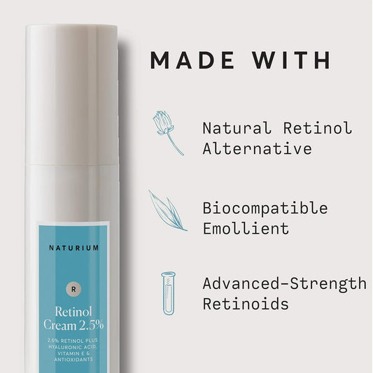 Naturium Retinol Cream 2.5% packaging with ingredients listed on a light gray background
