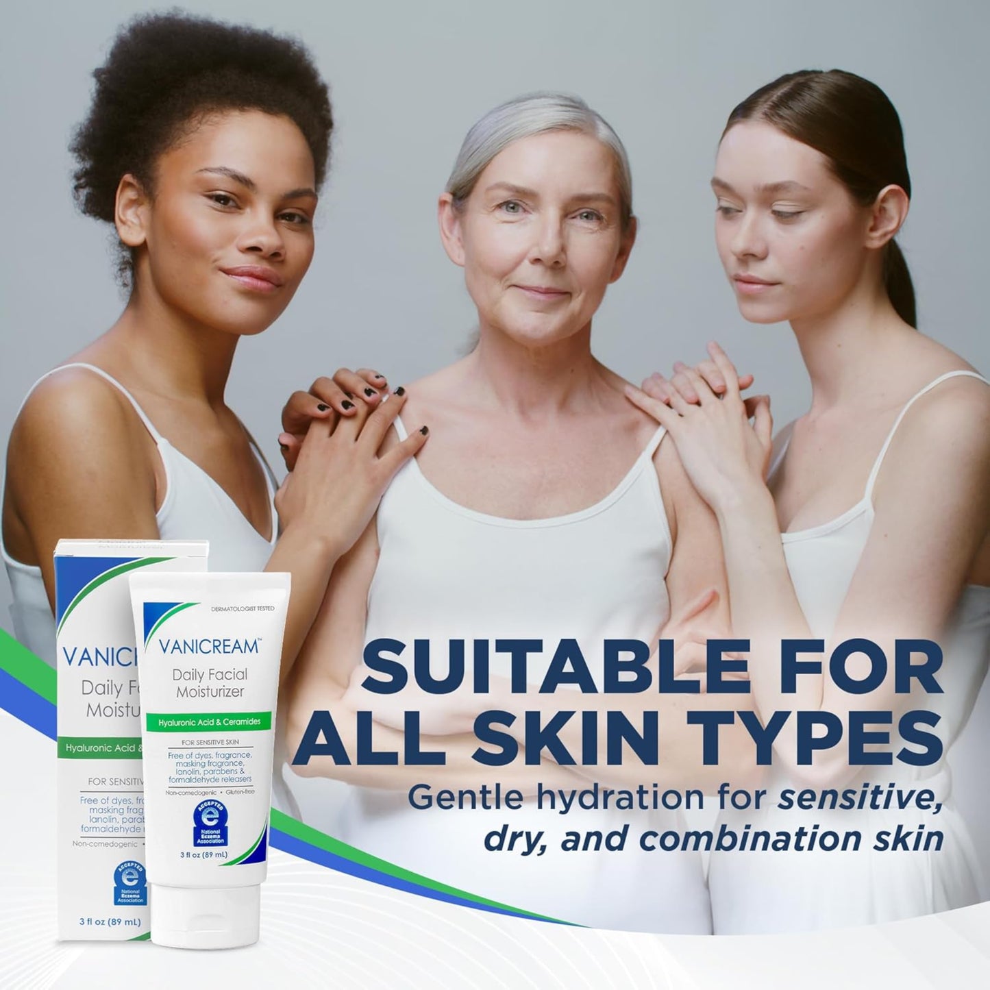 Three women standing together with Vanicream products and text about skin suitability.