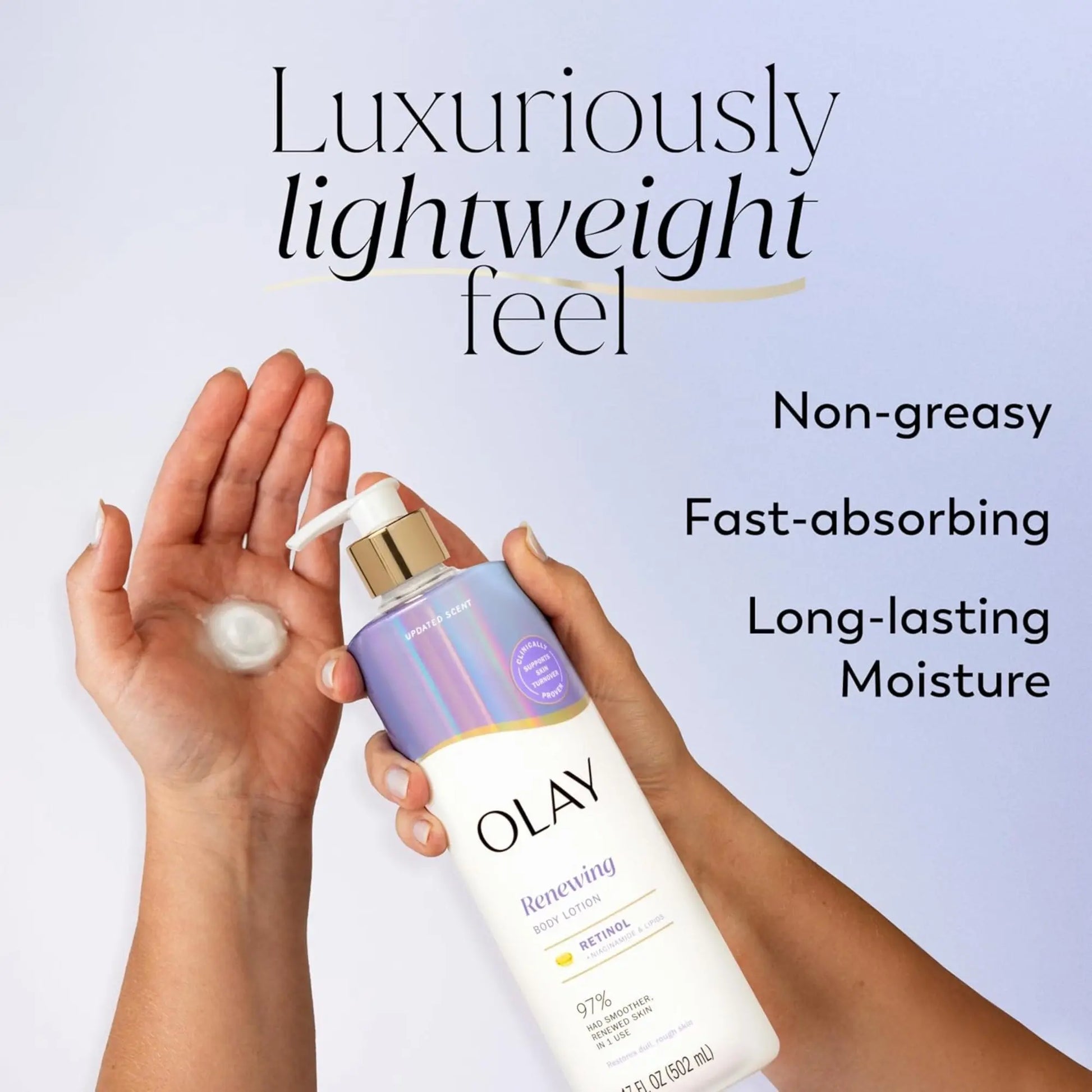 OLAY moisturizer bottle with hands holding product and showing texture, against a light purple background.