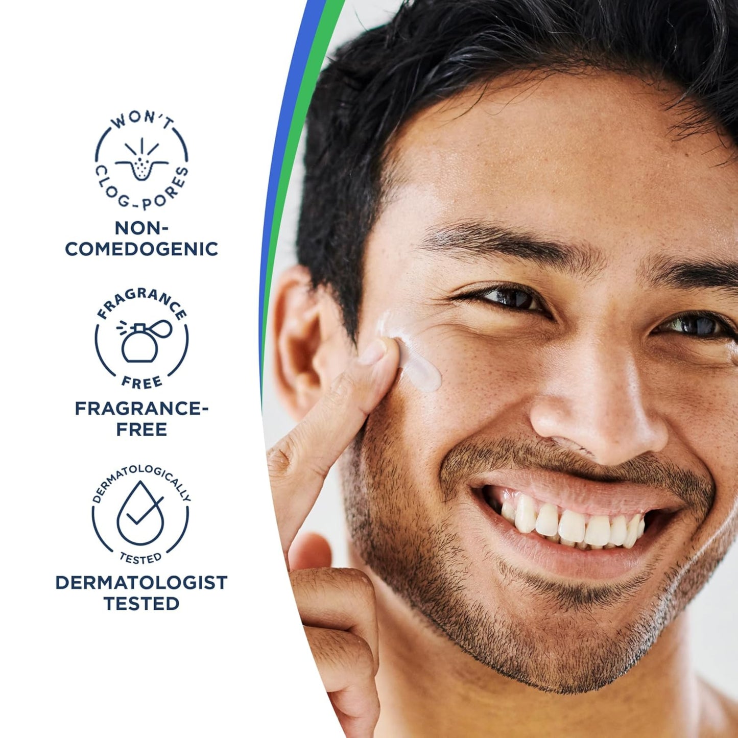 Man applying cream to his face with product features on the side