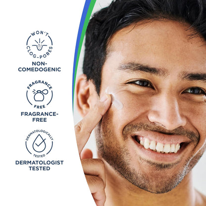 Man applying cream to his face with product features on the side