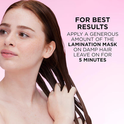 Woman applying a lamination mask to her hair with text on a pink background
