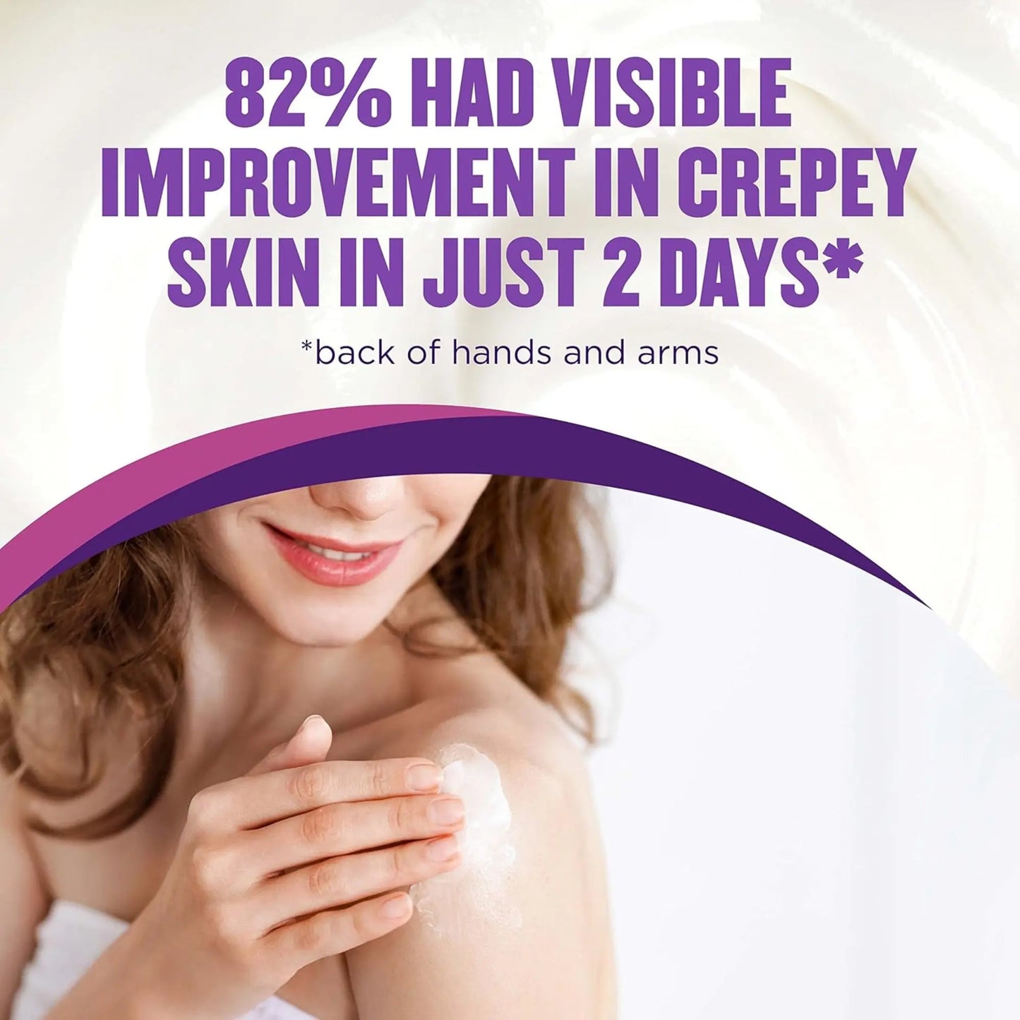 Woman applying cream with text about visible improvement in crepey skin on a white background