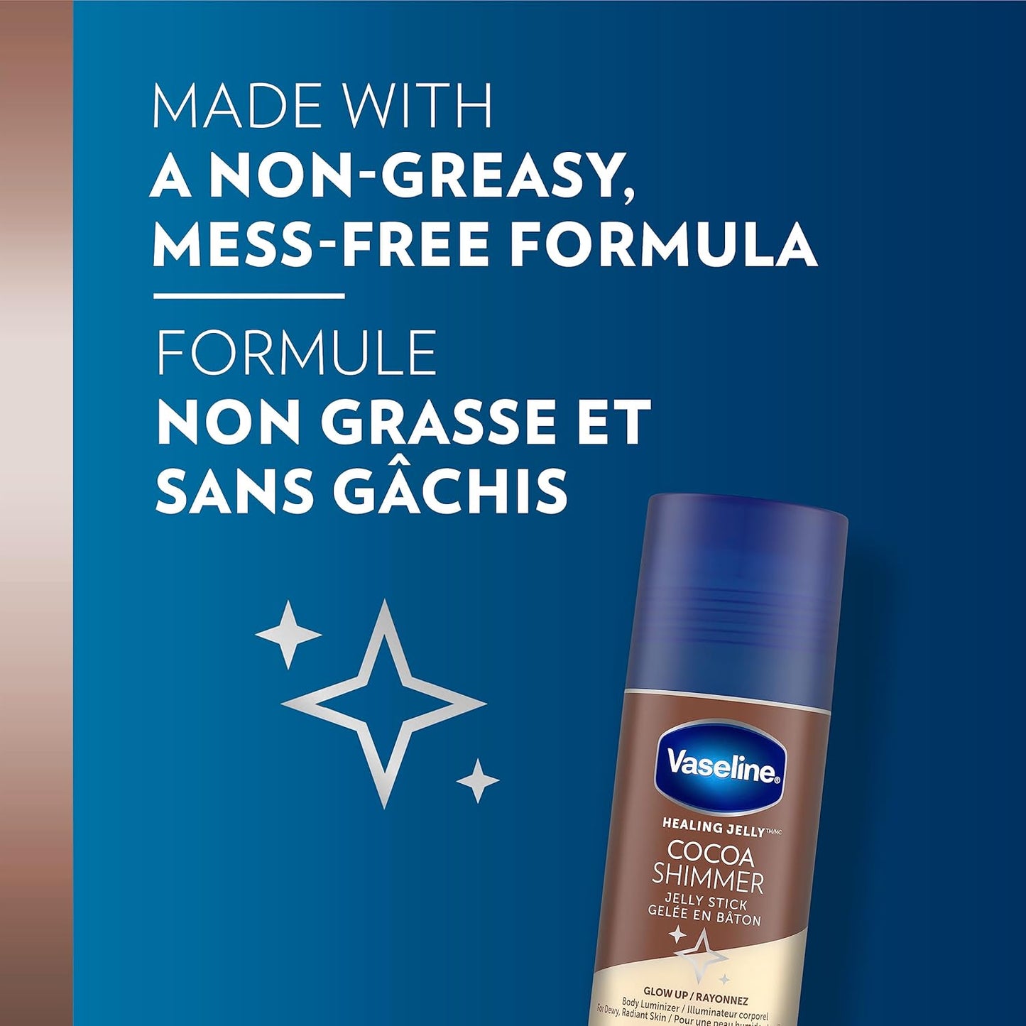 Vaseline cocoa shimmer jelly stick with blue background and text about non-greasy formula
