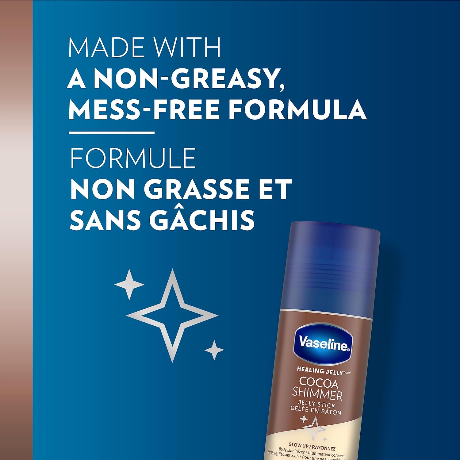 Vaseline cocoa shimmer jelly stick with blue background and text about non-greasy formula