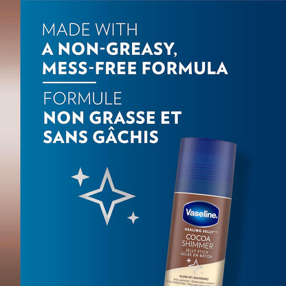 Vaseline cocoa shimmer jelly stick with blue background and text about non-greasy formula
