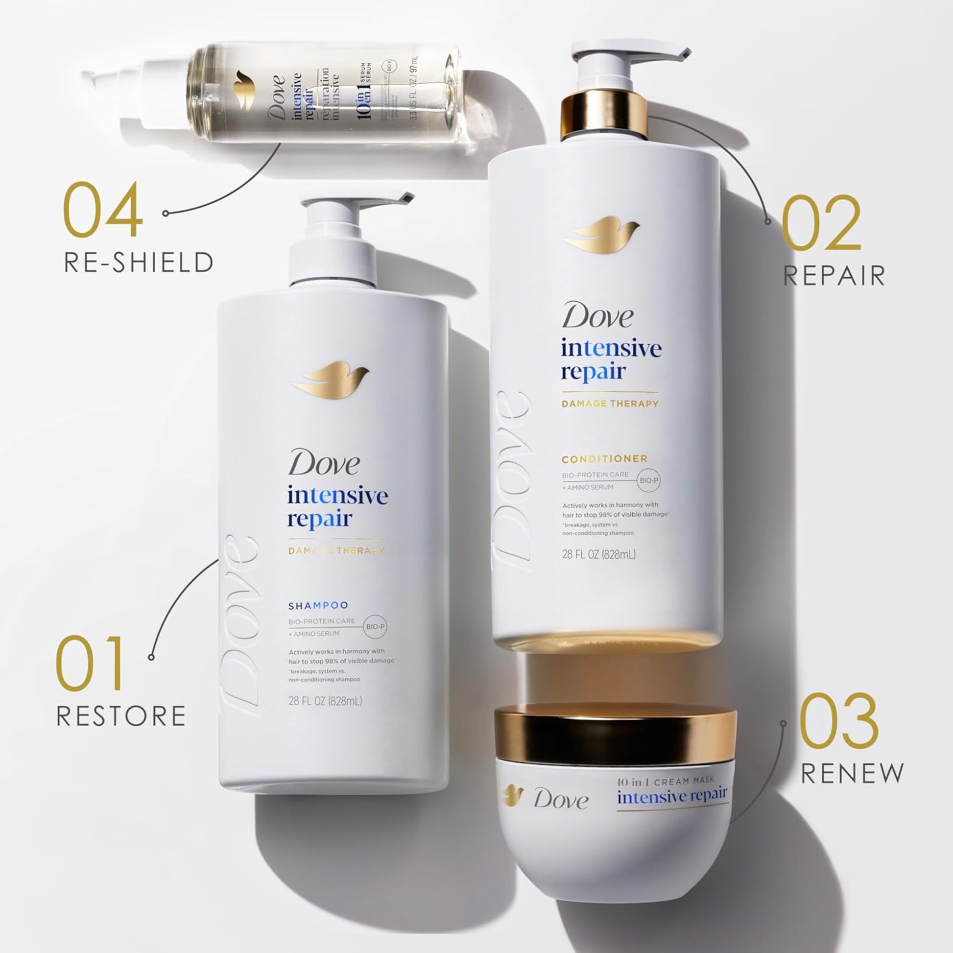 Dove intensive repair hair care products on a white background