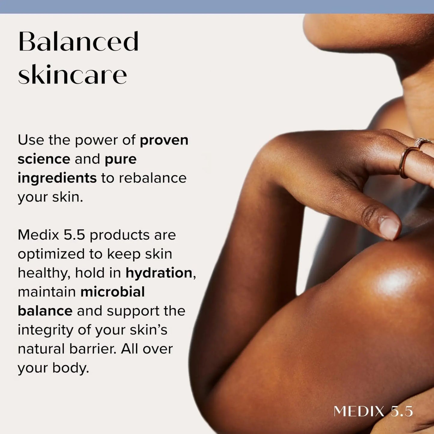 Advertisement for Medix 5.5 skincare products with text about balanced skincare.