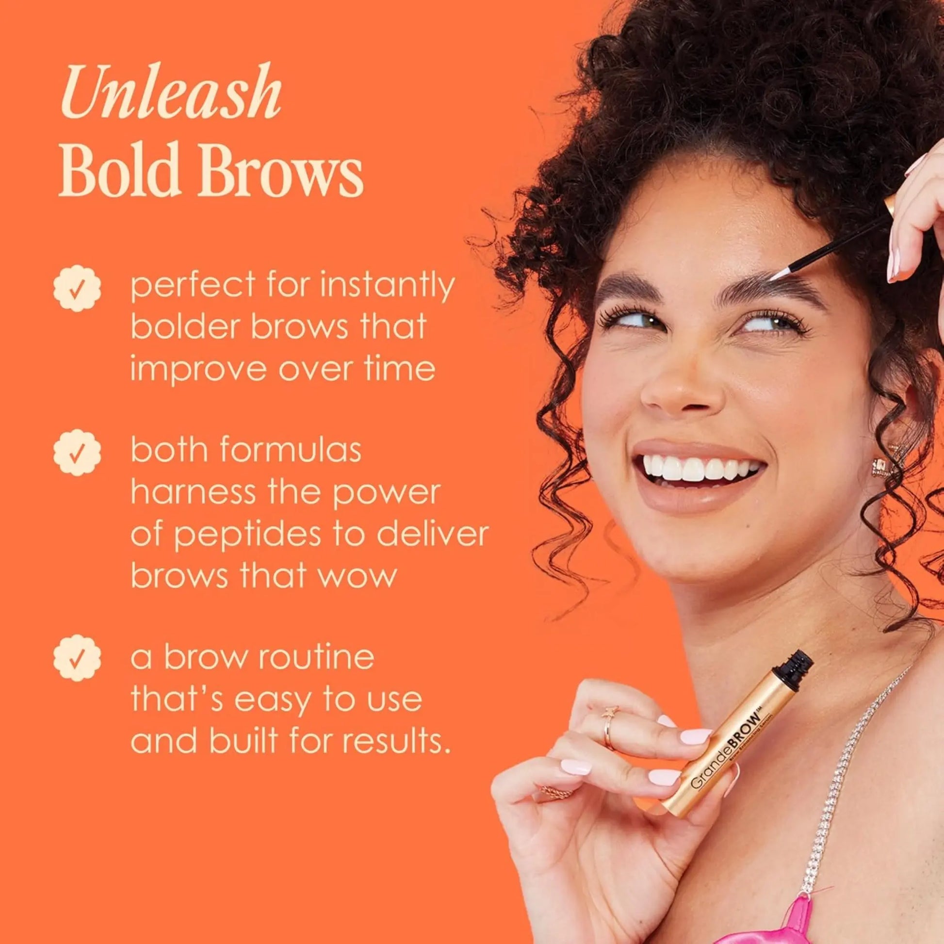 Woman applying brow product with text about bold brows on an orange background