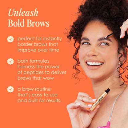 Woman applying brow product with text about bold brows on an orange background