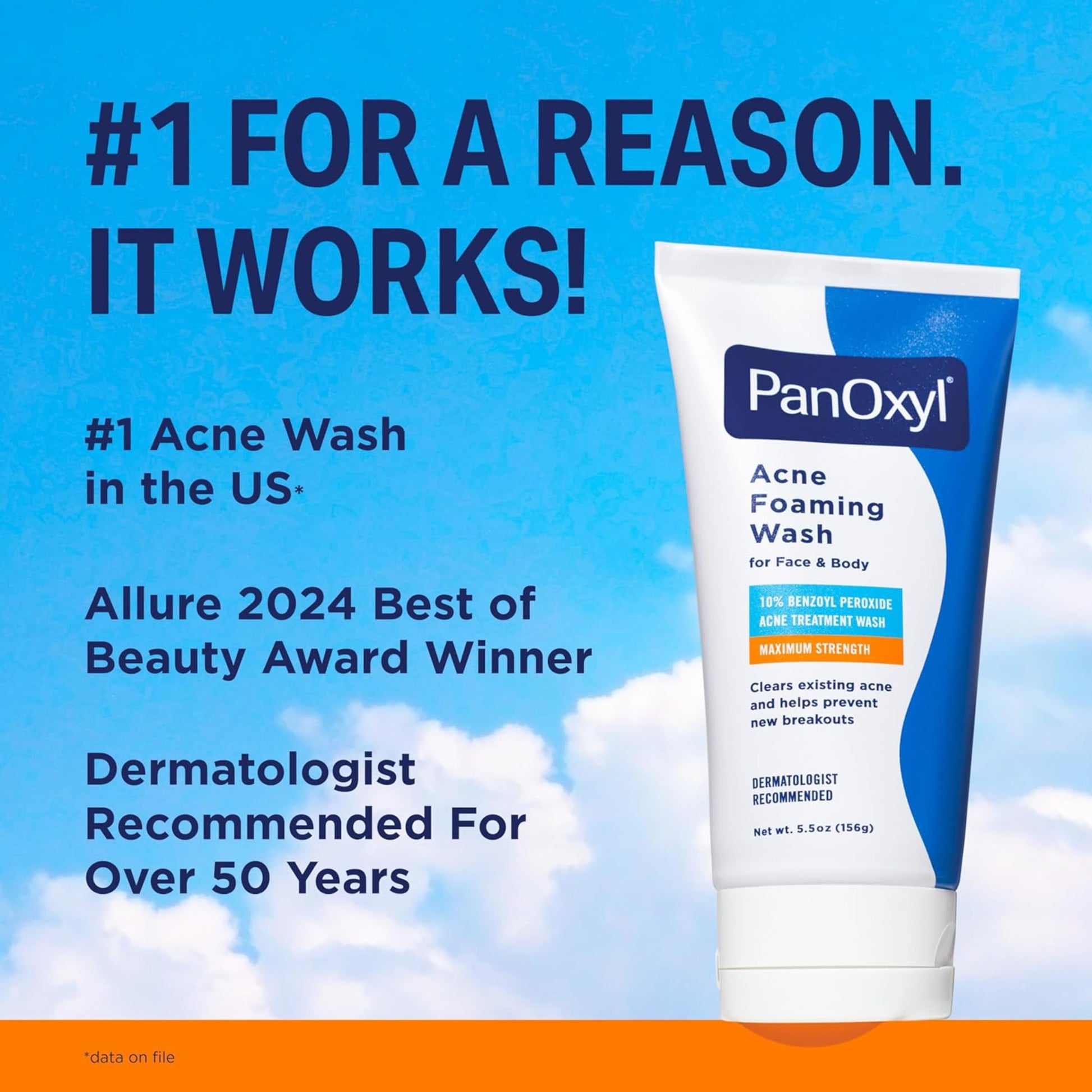PanOxyl acne foaming wash tube with blue sky and clouds in the background