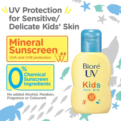 Biore UV Kids Pure Milk sunscreen bottle with product features on a colorful background