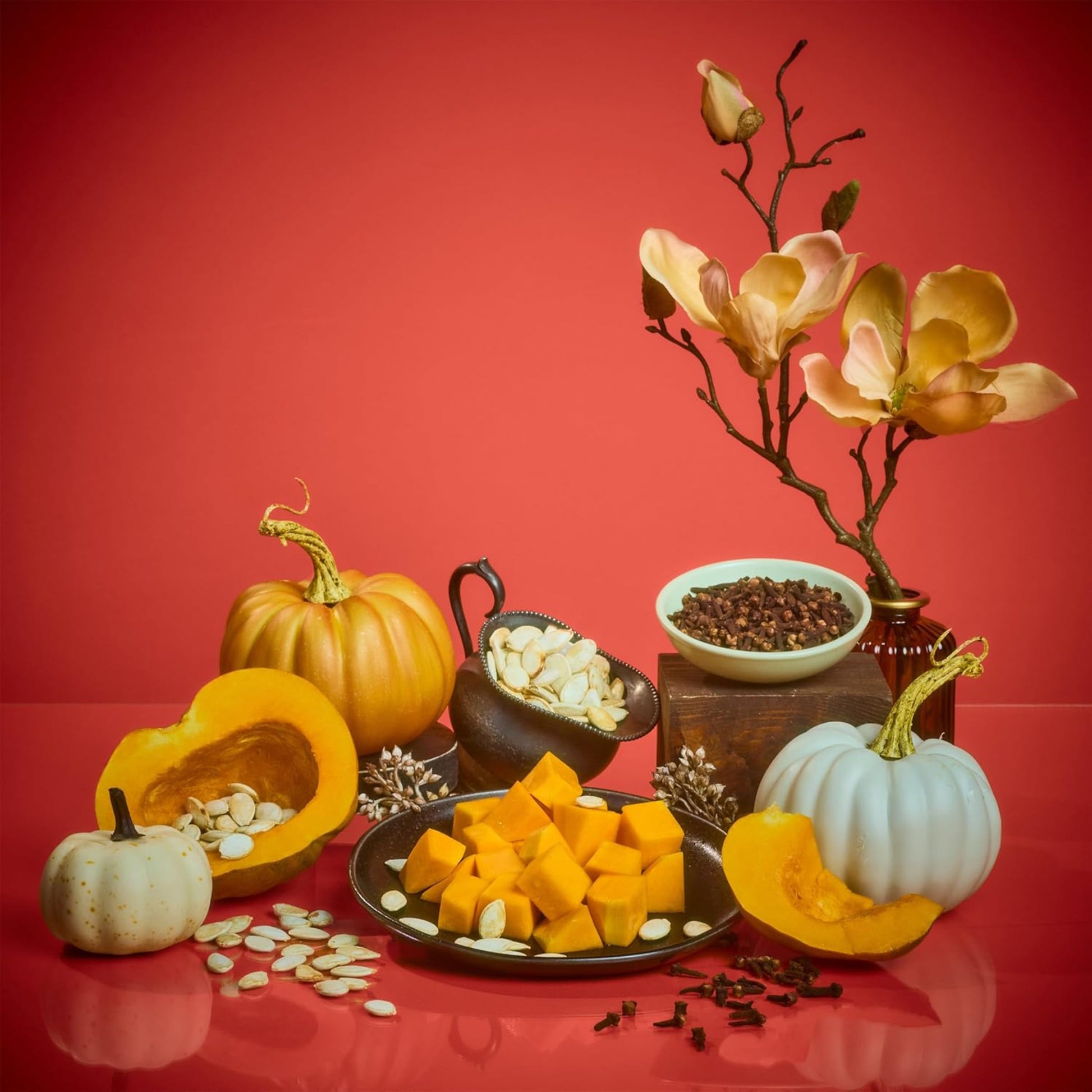 Decorative still life with pumpkins, seeds, and flowers on a red background