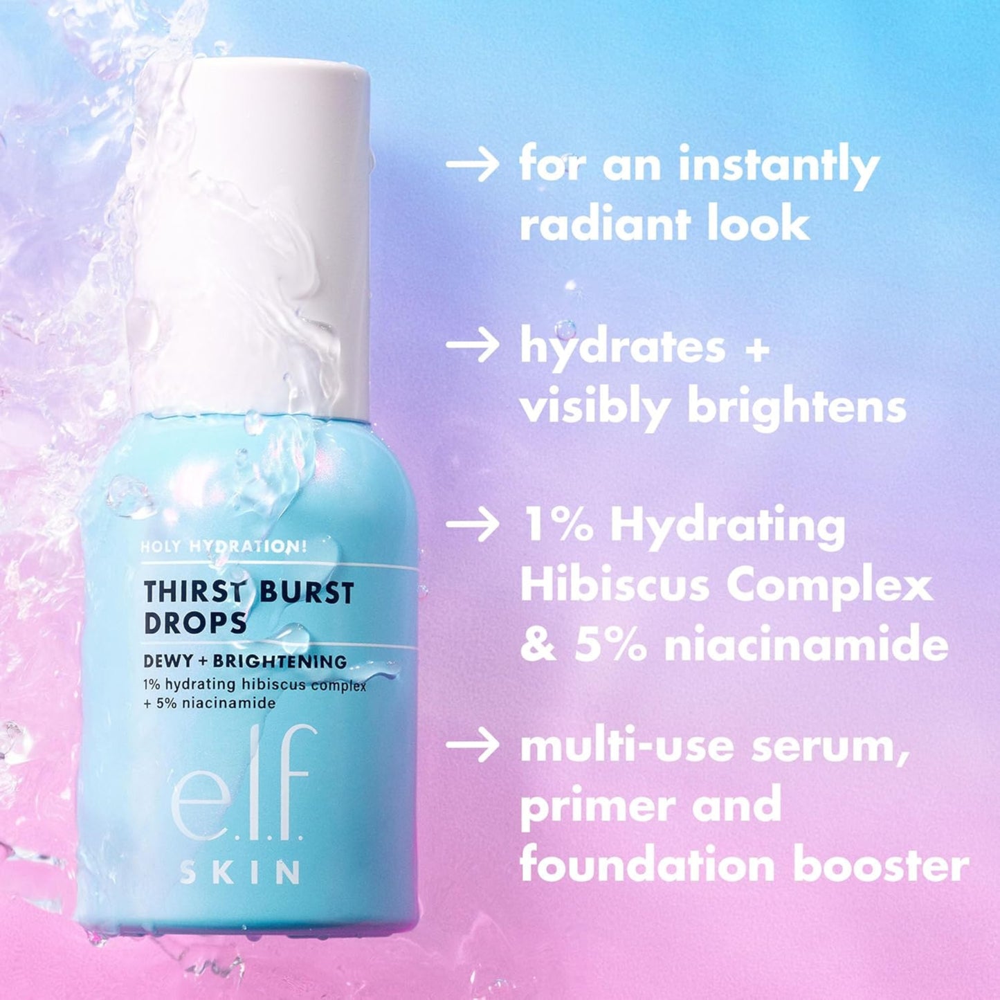 e.l.f. Skin Thirst Burst Drops serum bottle with product features on a colorful background
