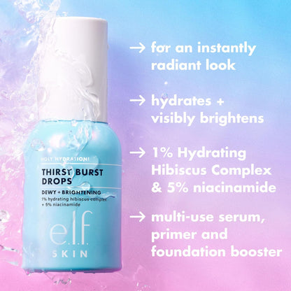 e.l.f. Skin Thirst Burst Drops serum bottle with product features on a colorful background