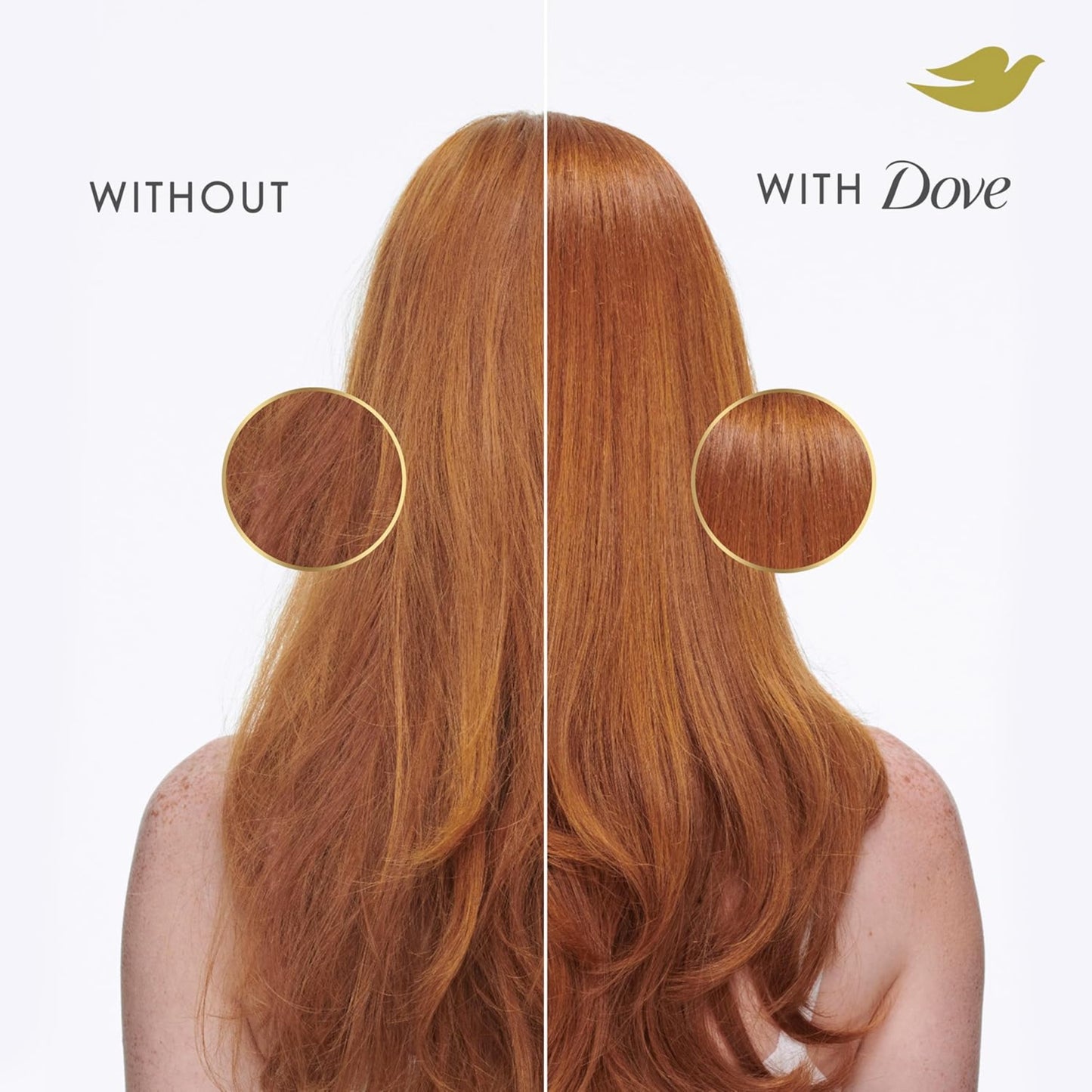 Comparison of hair with and without Dove product, showing a smoother texture.