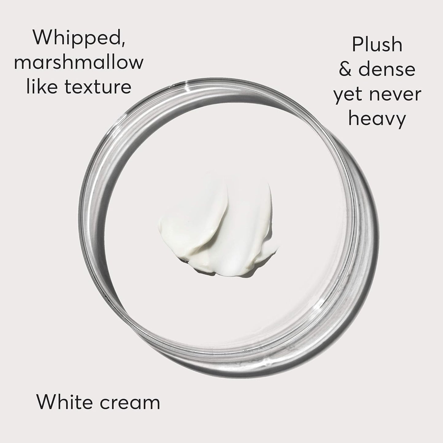 White cream in a glass jar with descriptive text on texture and appearance.