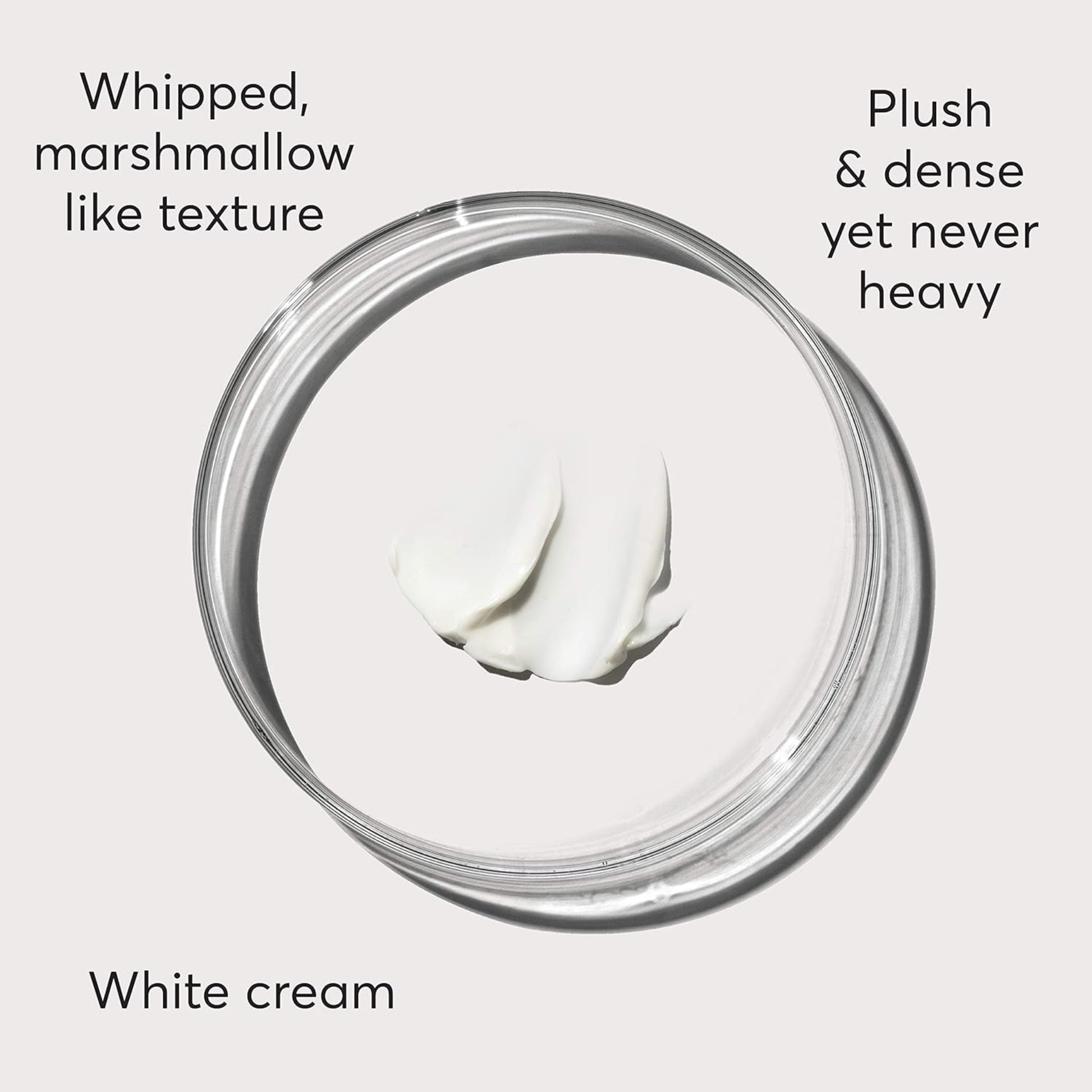 White cream in a glass jar with descriptive text on texture and appearance.