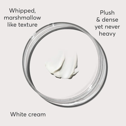 White cream in a glass jar with descriptive text on texture and appearance.